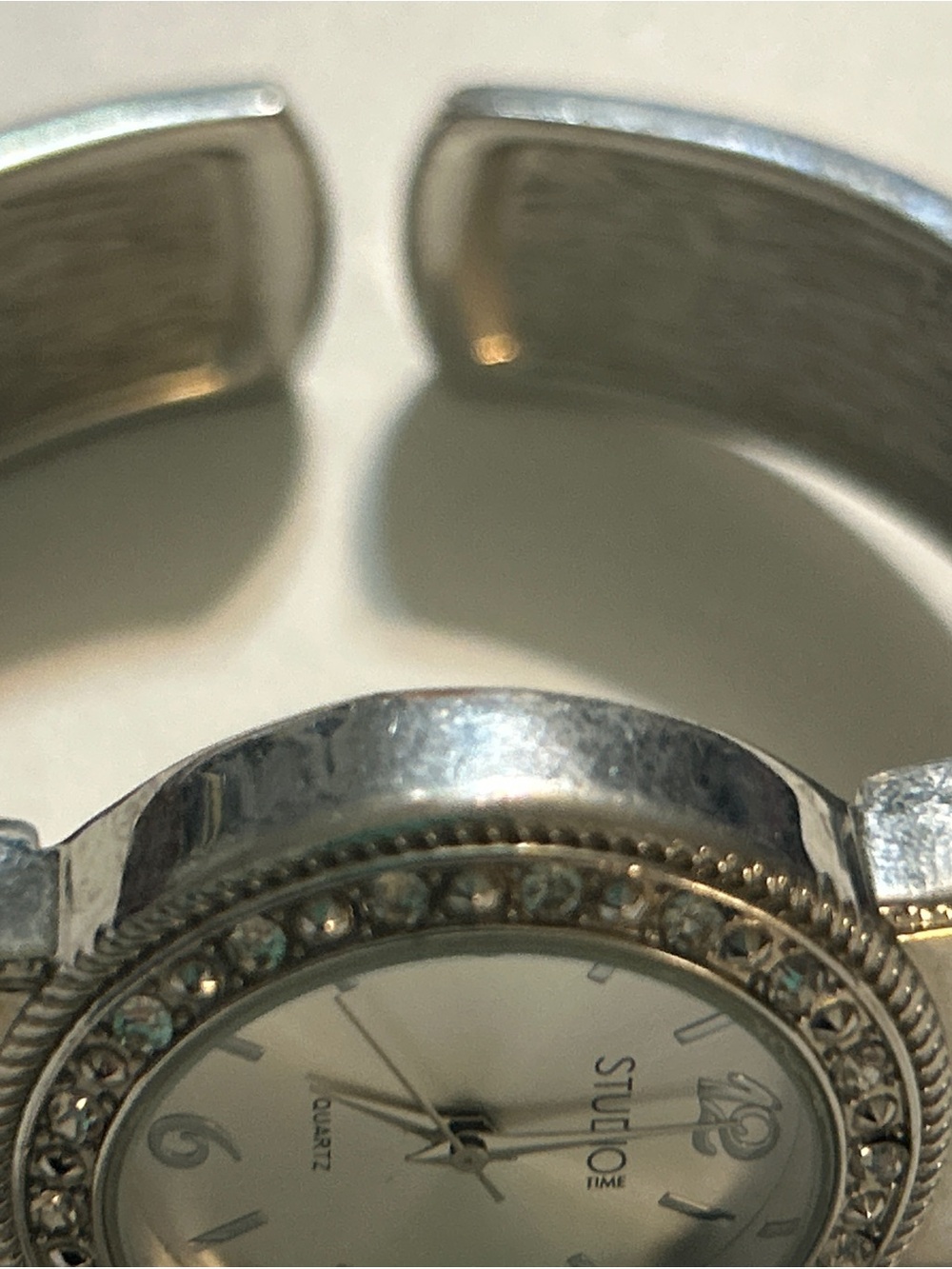 Studio Time Silver Inlay Hinged Cuff Watch Rhinestone Halo - RUNNING - Picture 3 of 5